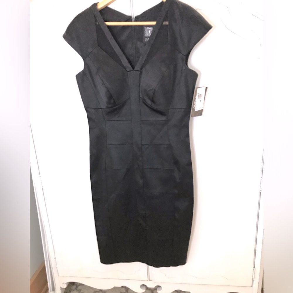 JAX Little black satin sheath dress sheer mesh detail Size 8 NWT